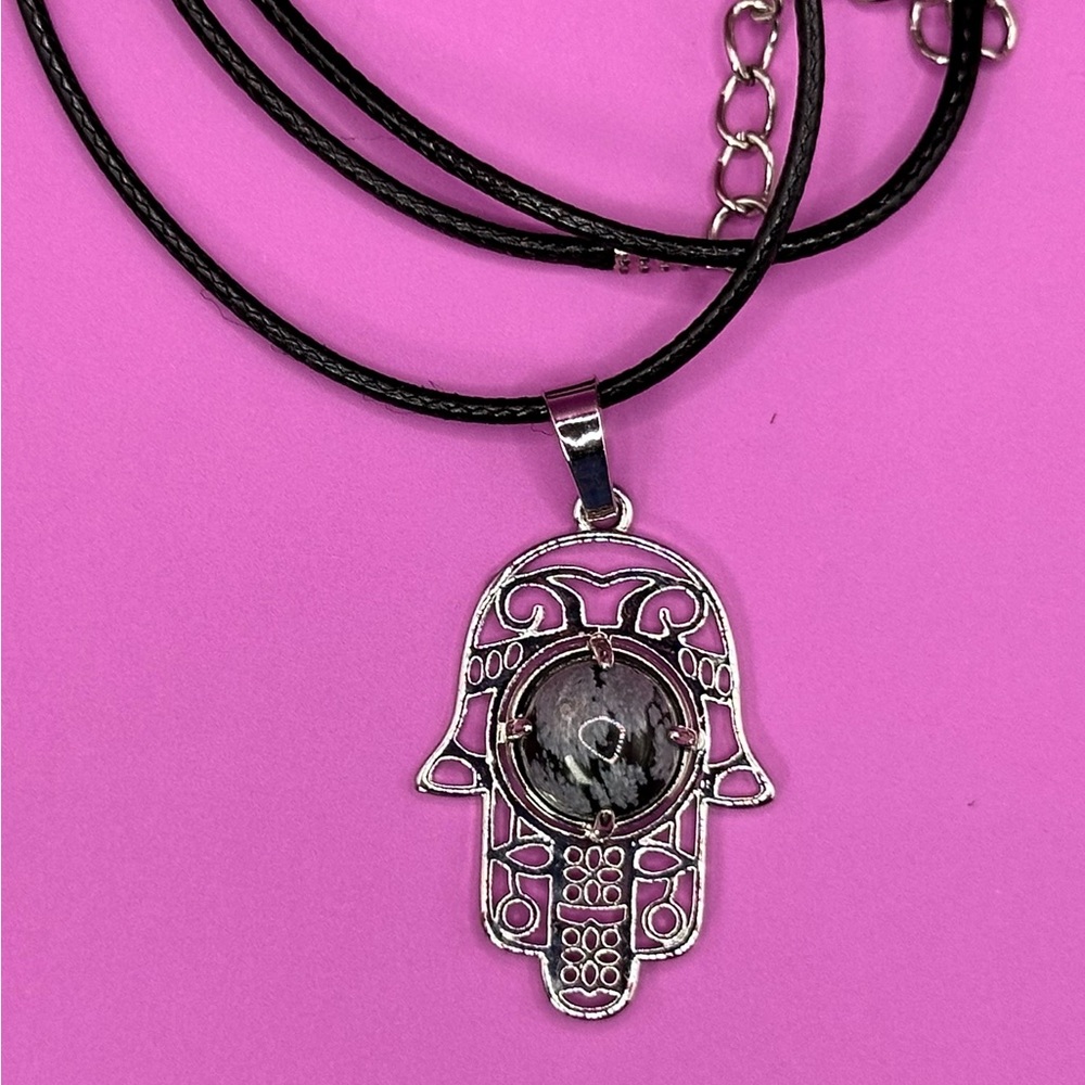 Snowflake Obsidian Hamsa Hand on 18” cotton cord W/extender